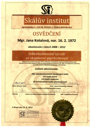 certifikát - Sebezkušenostní výcvik ve skupinové psychoterapii