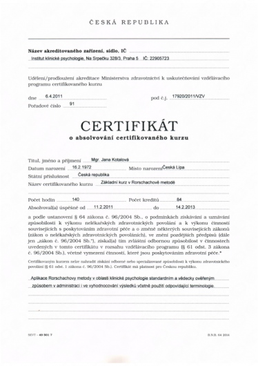 Certifikát - Základní kurz v Rorschachově metodě